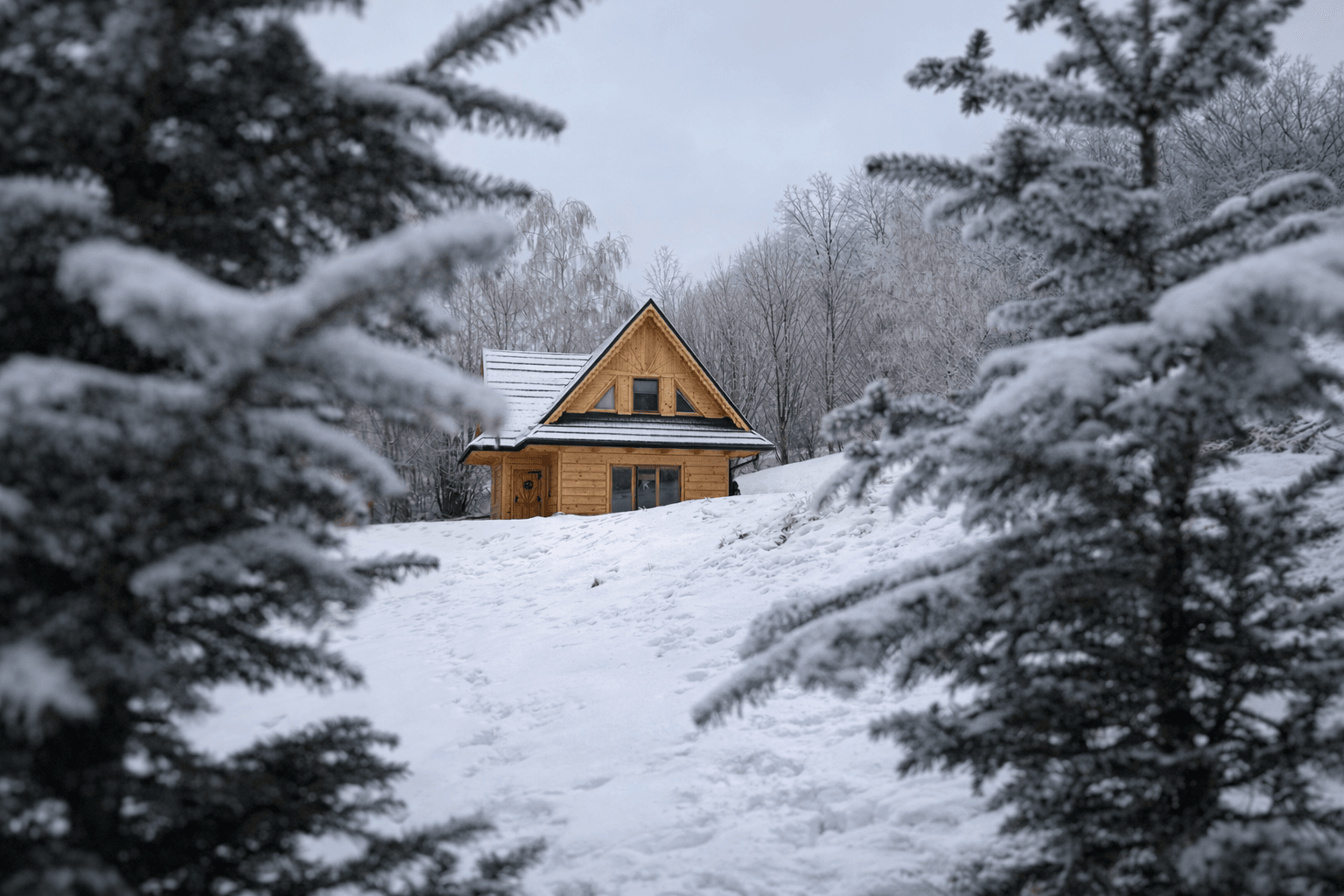 Śnieg i drzewa w lesie.