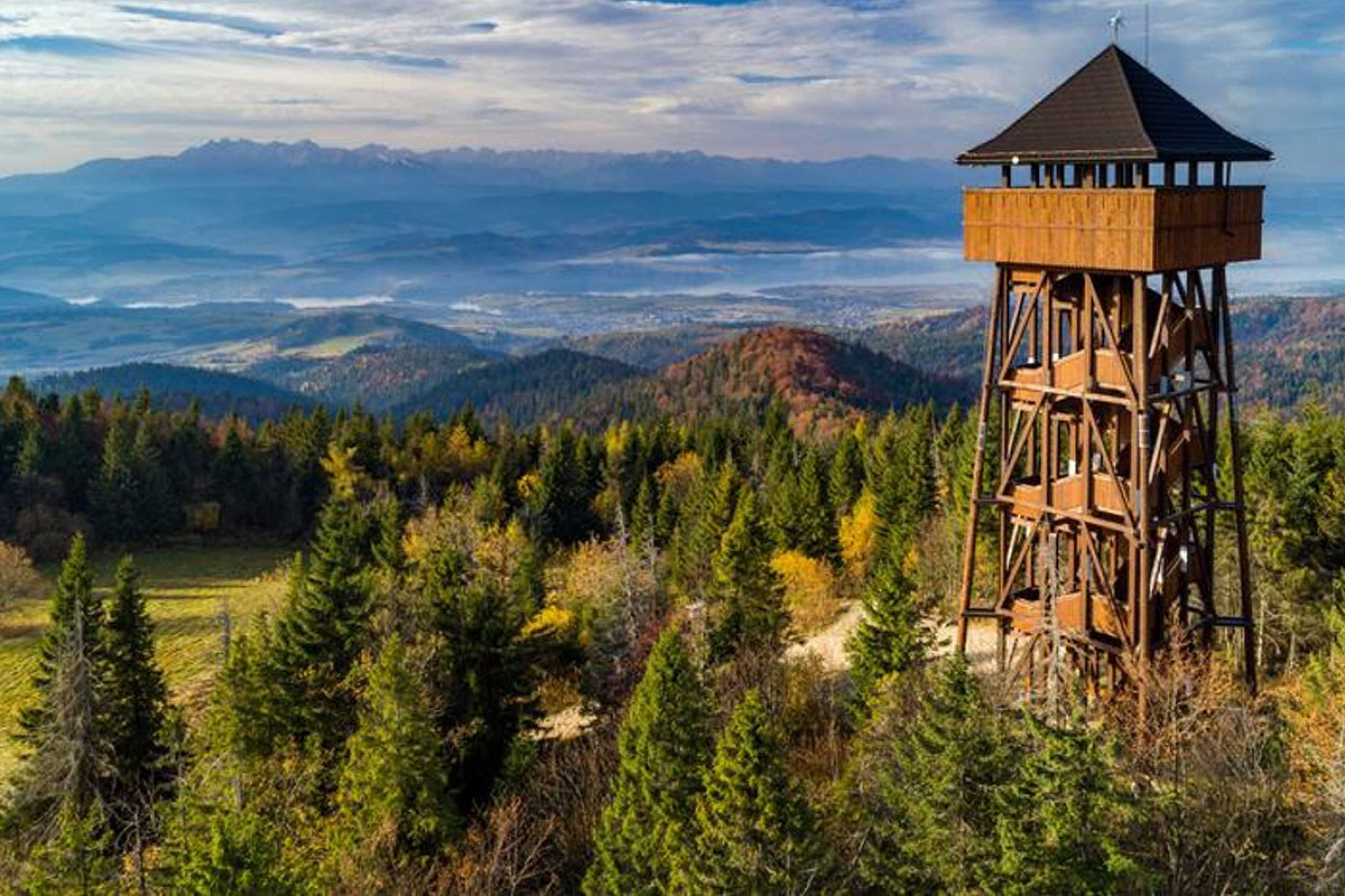 Wieża widokowa w Gorcach z panoramą gór.